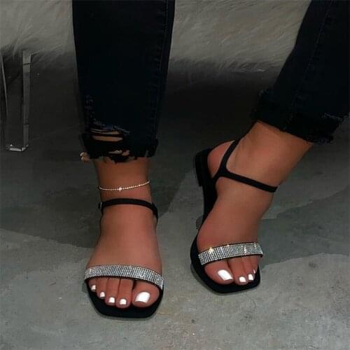 Women Crystal Buckle Sandals Female Square Toe Fashion Summer Flat Ladies Beach Sexy Shoes Woman Casual Footwear Plus Size