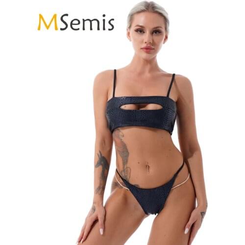 Womens Shiny Snakeskin Printed Bikini Swimwear Swimsuit Adjustable Spaghetti Strap Crop Top with G-string Thong Sexy Bikini Set