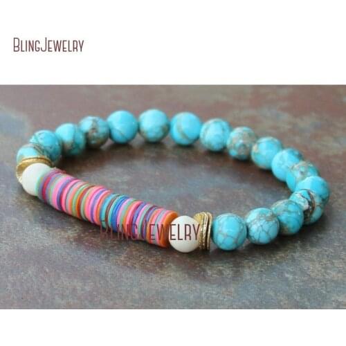 Blue Turquoises Howlite Stretch Bracelet Beaded Bracelet Polymer Clay Disk Beads Bohemian BM12110