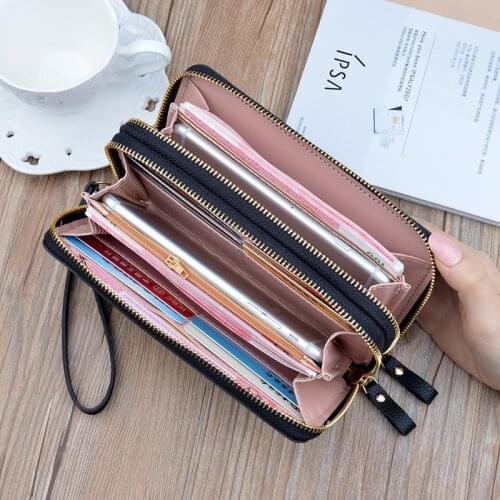 Women Wallet PU Leather Red/blue/pink/black Card Holder Double Zipper Long Female Wallet Color Matching Cellphone Bag Lady 2021