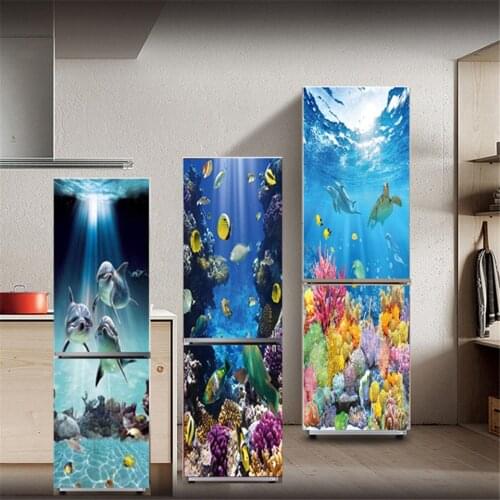 3D Visual Underwater Fish Wallpaper Refrigerator Door Sticker Adhesive Waterproof Poster Kitchen Decoration Fridge Decal Murals