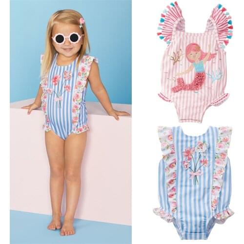 0-7Y Kids Baby Girl Swimwear Striped Ruffles Strap One-Piece Swimsuit Cute Child Girl O-Neck Sleeveless Bathing Suit Beachwear