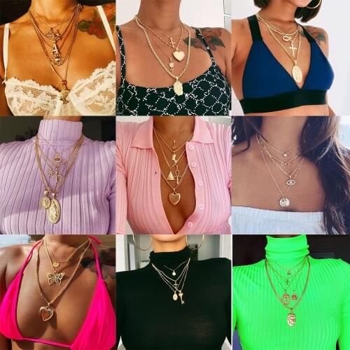 Personality Cross Heart Flower Triangle Chain Gold Pendant Multilayer Necklace Set Female Charm Fashion Jewelry Accessories