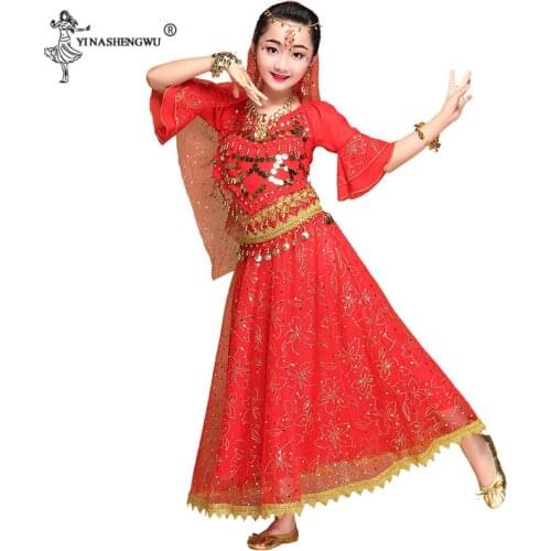 Kids Bollywood Belly Dance Costumes Set Girl Belly Dance Oriental Dance India Sari Children Chiffon Stage Performance Suit
