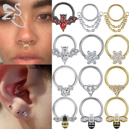 ZS 16g Stainless Steel Nose Ring for Women Bee Bat Septum Rings Hoop Nose Septum Piercing Helix Cartilage Ear Piercings 8/10MM