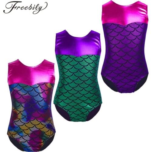 Kids Girls Sleeveless Mermaid Scales Printed Splice Ballet Dance Gymnastics Leotard Jumpsuit One-Piece Swimsuit Child Dance Wear
