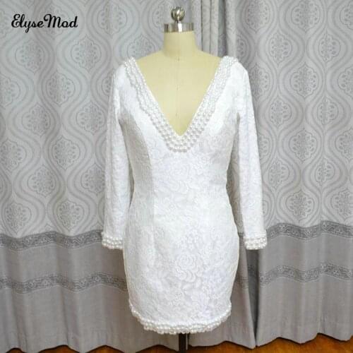 Largos Para Bodas Real Photo Vinoprom Sheath V-Neck Beaded Lace Mini Length Bride Bridal CheapDresses Gown