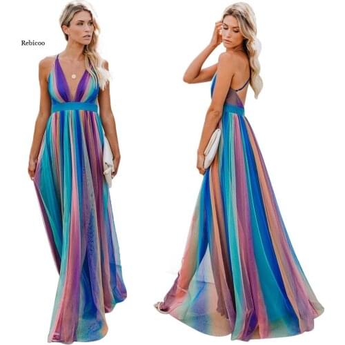 Summer Women Dress Spaghetti Strap Backless Rainbow Chiffon Dresses Beach Style Deep V-Neck Long Dress New