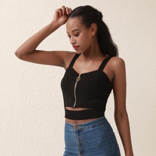 2020 Summer Women Tank Tops Club Sexy Knitting Crop Tops Cotton Camisole Ladies Zipper Camisole Spaghetti Tank For Ladies