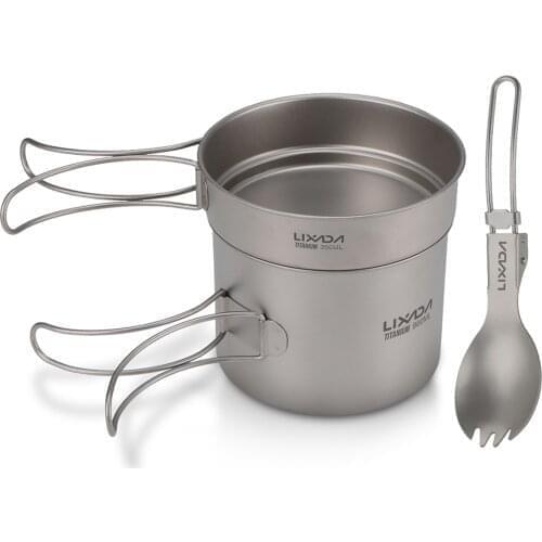 Lixada Ultralight Titanium Camping Cookset Outdoor Camping Cookware Set 900ml/1100ml Pot 350ml Fry Pan with Folding Spork
