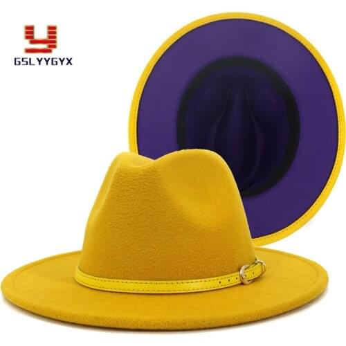 New Fashion Hot Sell Fall Winter Woolen Hat Jazz Panama Wide Brim Women Men Elegant Yellow Blue Purple Patchwork Hat