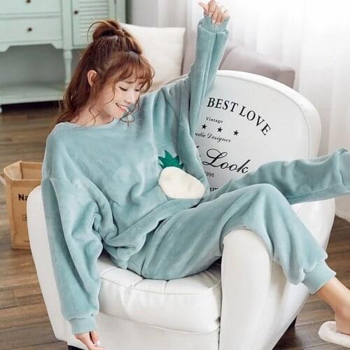2021 New Women Pajama Sets Autumn Winter Pajamas Flannel Cartoon Thick Warm Women Sleepwear Cute Animal Female Homewear Piece