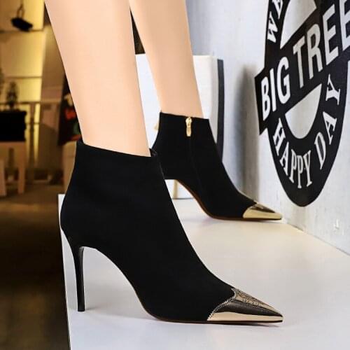 New Fashion Boots Female Winter Warm Short Plush Ankle Shoes For Women Metal Decoration Pointed Toe Stiletto Heels Booties