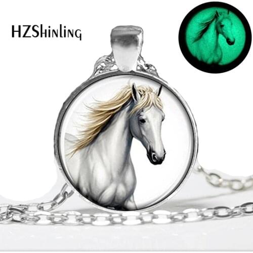 Glowing Pendant Horse Necklace Equestrian Jewelry Nature Animal Black and White glass art photo glow in the dark necklace