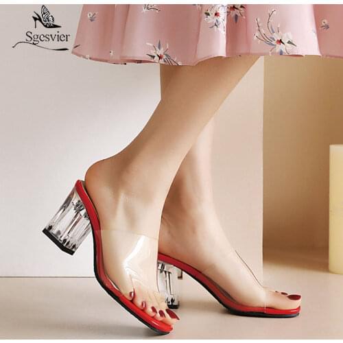 Sgesvier Women Slippers Thick High Heels Dress Shoes Shallow Mouth Transparent Plus Size 32-48 Summer Women Fahion Dress Shoes