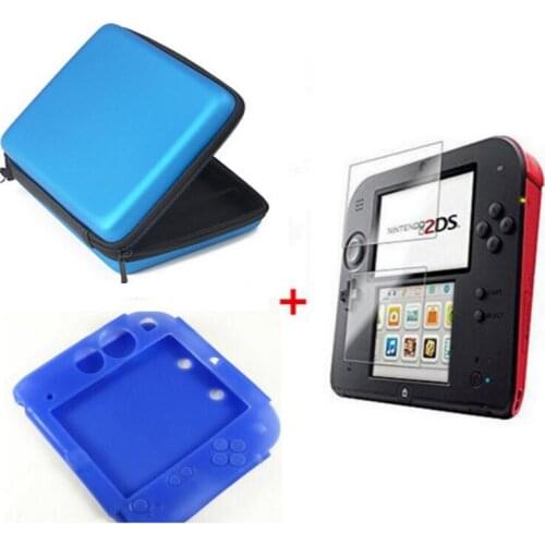 Blue Silicone case+Protect Clear Touch Film Screen Guard+Blue EVA Protector Hard Travel Carry Case Pouch bag for nintendo 2DS