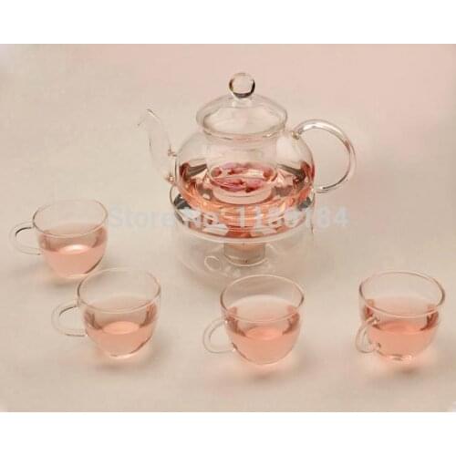 6pcs/lot Glass Teapot 600ml + 4pcs 80ml Glass Tea Cup + 1pc heat base HeatResistance Glassware Coffee Tea Cup OL 0008