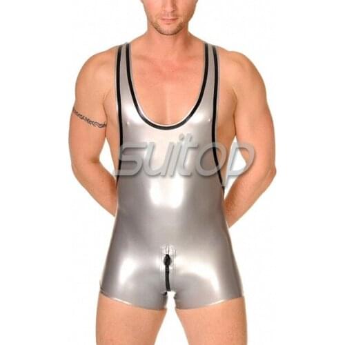 High quality latex sleeveless catsuit rubber mens rubber leotard italy silver