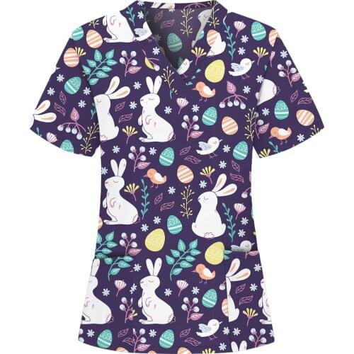 Working Uniform Blouse V Neck Printing Summer Short Sleeve 2021 New Casual Nurse Blouse for Women with pocket Mukoti Yunifomu