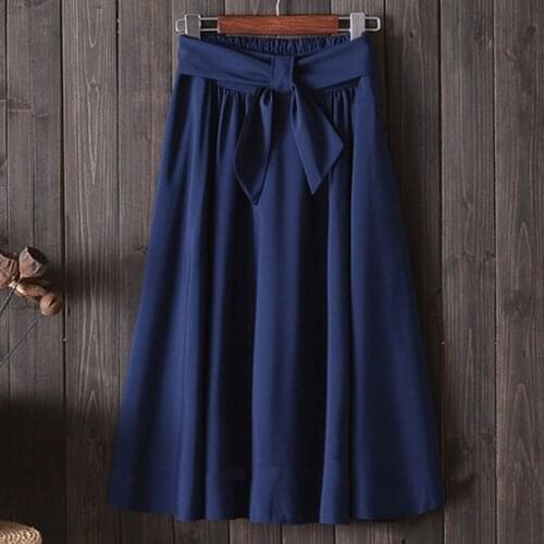 Blue Elegant Midi Long Skirts Womens 2019 New Spring Summer Korean A-line Pleated Skirts With Bow Sashes Female Sun School Skirt