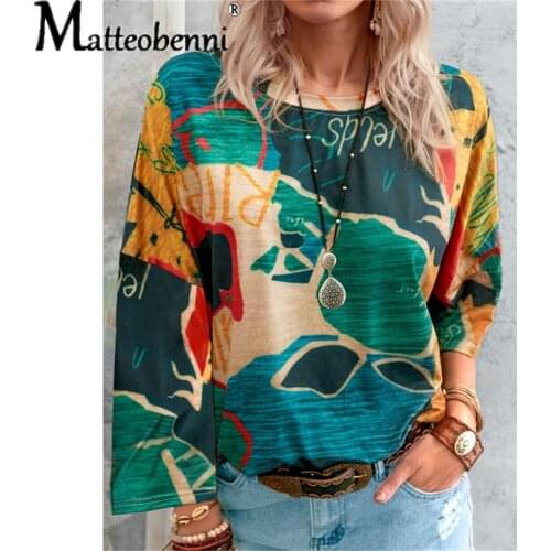 Autumn 2021 Map Printing Long-Sleeve Women T-Shirt Loose Top Women Splice Fashion O-Neck Cotton Casual Pullover T-Shirts Female