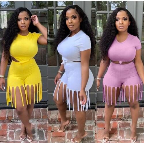 Women Two Piece Lovely Plus Size Casual O Neck Tassel Design 2 Piece Shorts Set
