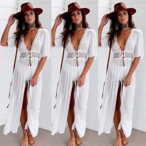 Ladies lace stitching lace long shawl cardigan jacket bikini beach skirt cloak new white
