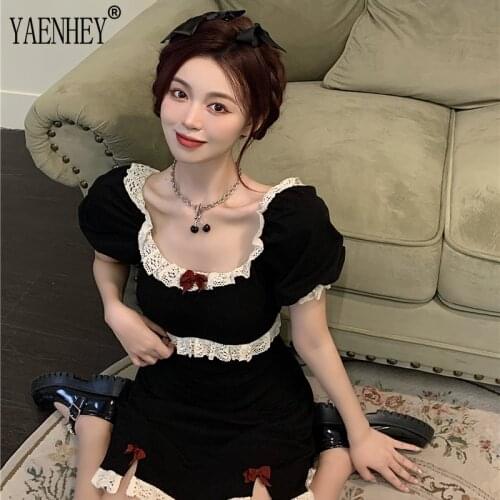 Sweet Bow Dress Women Summer Lace Trim Puff Sleeve Square Collar Mini Dress Lolita Style Y2k Fashion Kawaii Girls Outfits