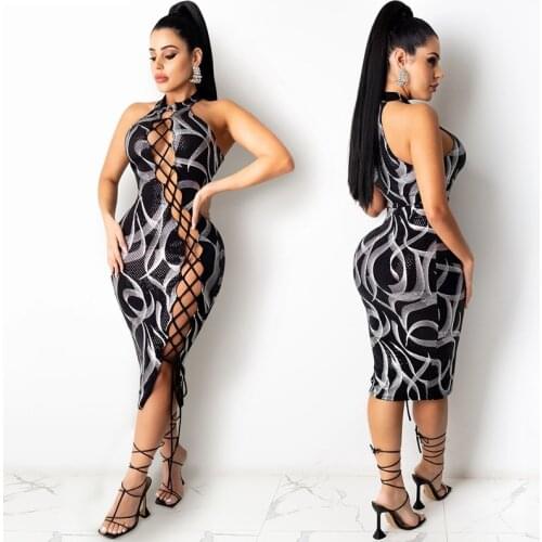 TNNAOFF Aesthetic Print Hollow Out Cross Bandage Bodycon Midi Dress for Women Sexy Off Shoulder Halter Zip Night Club Dresses