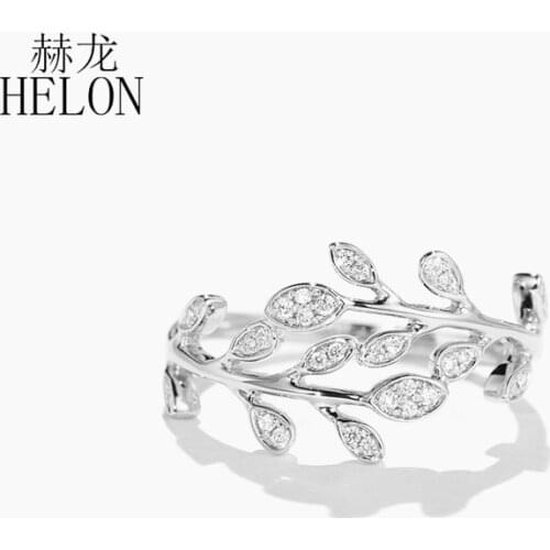 HELON Solid 14K White Gold Round SI/H 0.11ct Natural Diamond Engagement Wedding Ring For Women Trendy Leaf style Fine Jewelry