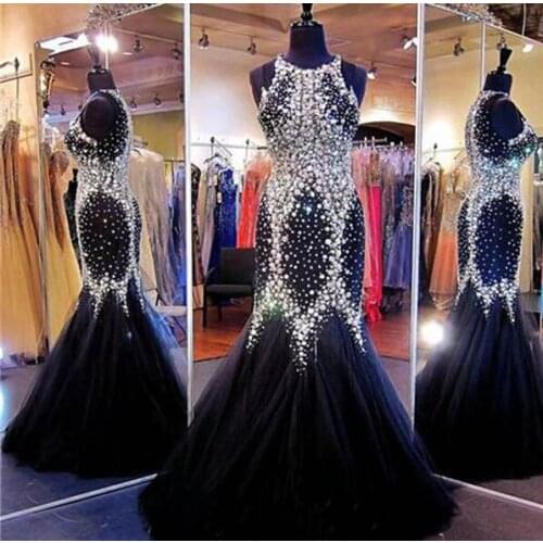 Mermaid Prom Dresses 2020 O-Neck Sleeveless Zipper Sweep Train Tulle Crystal 2020 Long Evening Dress Vestido De Festa
