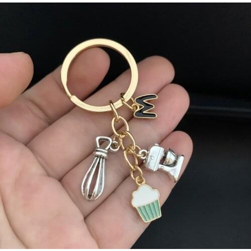 Charm A-Z letter cake cup keychain cute dessert pendant enamel metal keychain daughter cake shop handmade gifts for customers