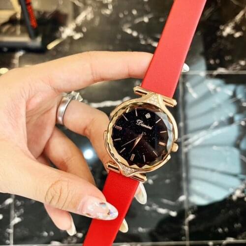 Luxury Fashion Women Crystals Watches Multi Faceted Glass Candy Colors Real Leather Wrist watch Quartz Montre Femme Waterproof