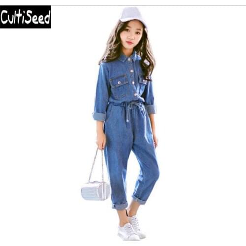 Big Girls Autumn Jeans Sets Clothes Children Long Sleeve Loose Casual Denim Jeans Sets Suit Kids Sets with Pockets Students Sets
