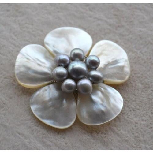 Elegant Flower Girl Gift Brooch,Gray Color Real Freshwater Pearl White Shell Flower Brooch,Wedding Party Girlfriend Gift