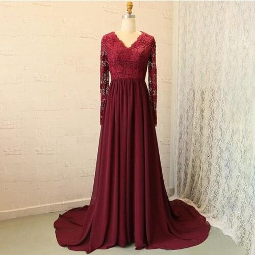 Elegant Muslim Evening Dresses V-neck Long Sleeves Chiffon Lace Evening Party Gowns Sweep Train Formal Dresses Robe De Soiree