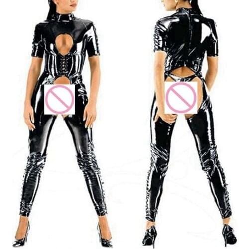 2018 Hot sale Adult Women Sexy Black Leather Bodysuit Open Bust Crotch Hollow Out Catsuit Erotic Sex Club Leotard XXL