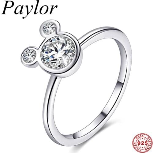 Paylor Cute 925 Silver Mickey Shaped Band Rings For Women Wedding Fine Jewelry Cartoon Mouse Pan Rings Friendship Gift