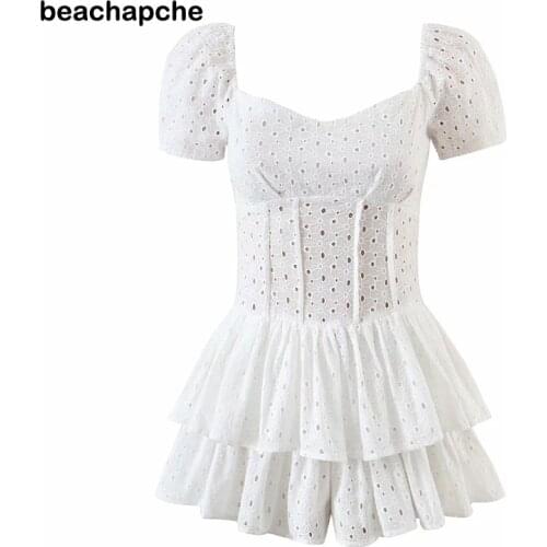 Beachapche New Fashion Women Cotton Embroidery Jumpsuit Female Puff Sleeve Hem Layered White Holiday Sexy Romper Short Combinais
