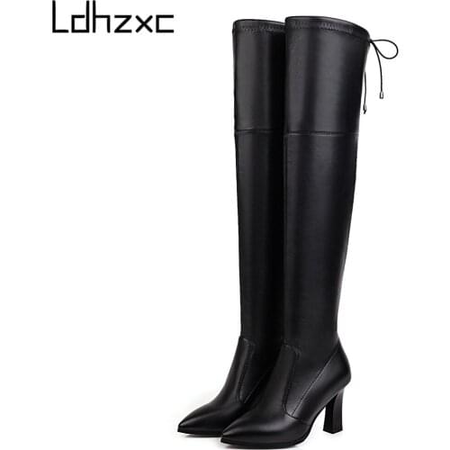 LDHZXC 2020 Woman Lace Autumn over the knee boots Womens Ladies Chunky Black Patent Leather high heel Boots New Arrival