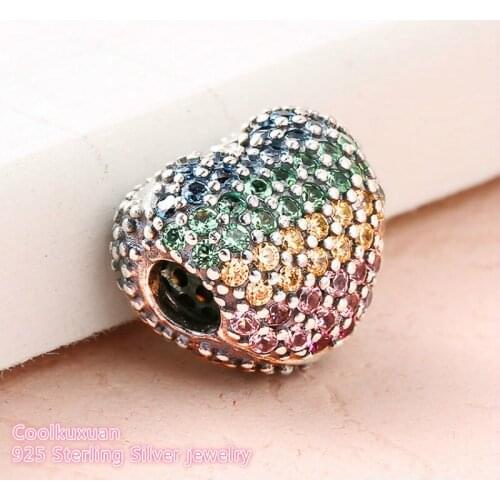 Summer 925 Sterling Silver Open My Heart Pave Clip, Multi-Color CZ Beads Fit Original Pandora Charms Bracelet DIY jewelry
