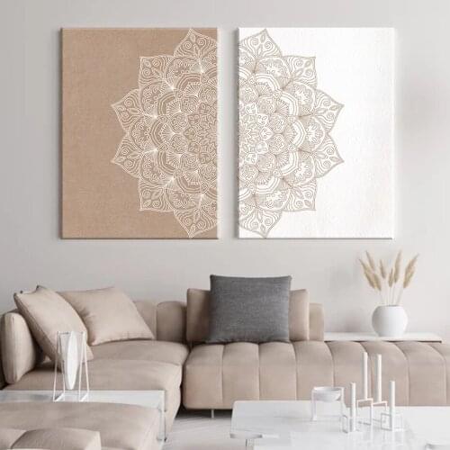 Set of 2 Mandala Wall Art Prints Brown & Beige Bohemian Posters Neutral Color Minimalist Canvas Painting Prints for Room Decor