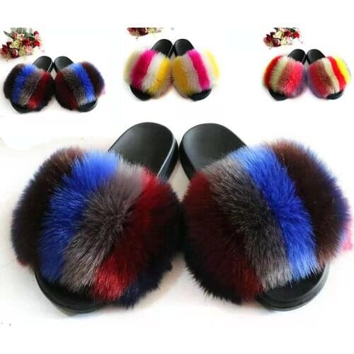 2021 New Womens Faux Fur Slippers Ladies Indoor Non-Slip Flat Sandals Flip Flops Cute Fluffy Furry House Shoes For Woman TX415