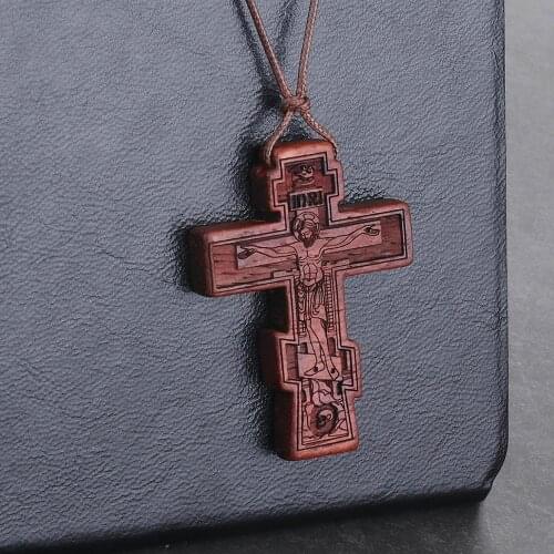 Red Black Wood Cross Necklaces for Men Adjustable Leather Rope Chains Religious INRI Orthodox Saint St.Benedict Pendant Necklace