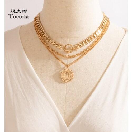 Tocona Punk Heavy Metal Coin Pendant Neckalce for Women Charms Gold Multi-layer Geoemtry Alloy Adjustable Jewelry Collar 18263