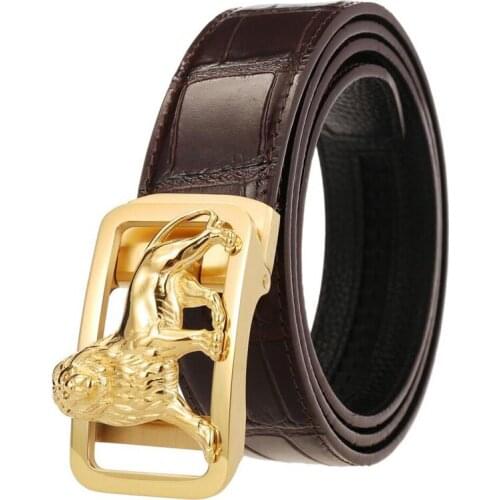 Men Gold Silver Lion Stainless Steel Automatic Buckle Cowskin Crocodile Grain Belt Fashion Designer Jeans Belts BCD067