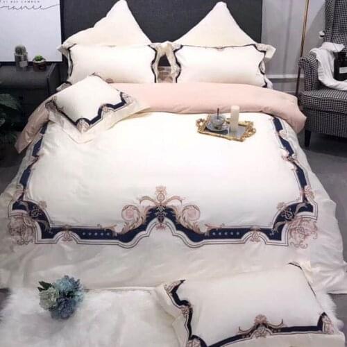 Luxury White Black 100S Egyptian Cotton Embroidery Royal Bedding Set King Queen Wedding Bed Sheet Cover set Duvet Cover 4 / 6pcs