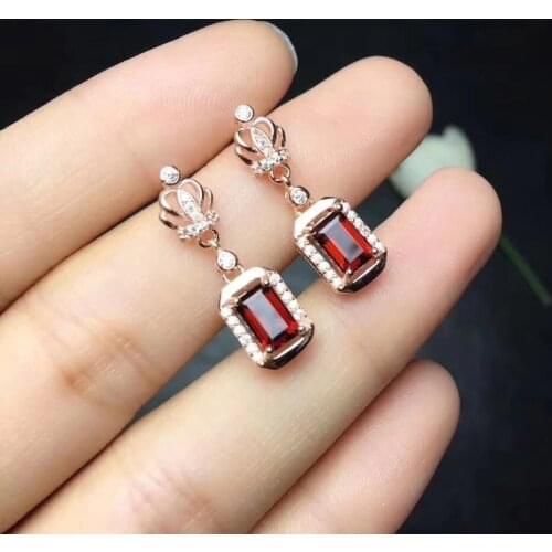 Fashion natural red garnet drop earrings Natural gemstone earrings Elegance lovely crown square 925 silver female gift jewelry