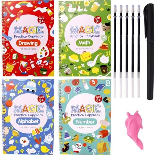 4PCS Kids Copybook Reusable 3D Groove Alphabet Drawing Number Math Handwriting Copybook with 5 Pen Refills 1 Grip for Boys Girls