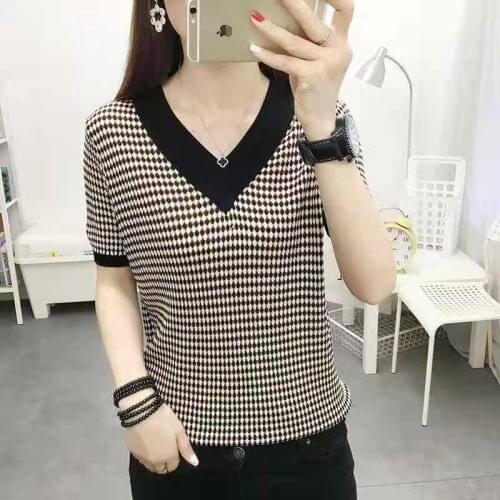 Ice Silk T-Shirt Short Sleeve 2021 New Summer V-Neck Top Bottom For Women